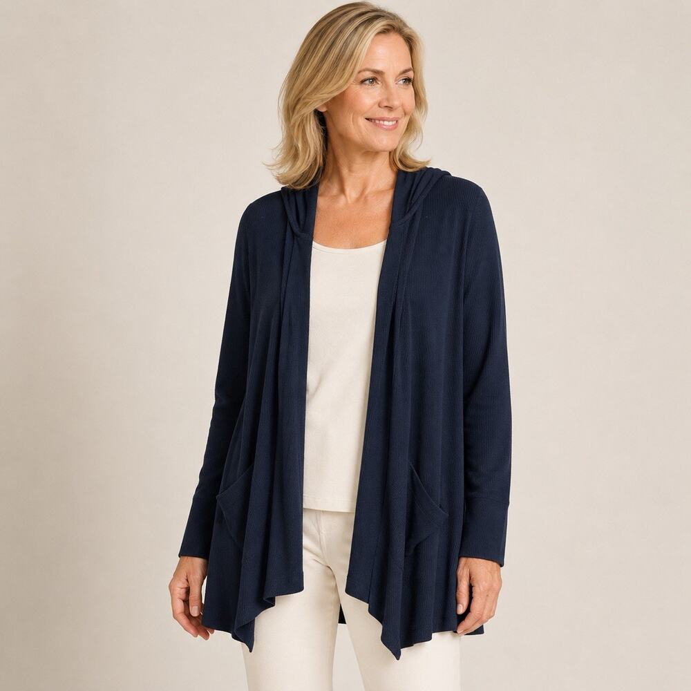 Chicos Zenergy 4 Hooded Cardigan XXL Blue Waffle Knit Open Front Lagenlook